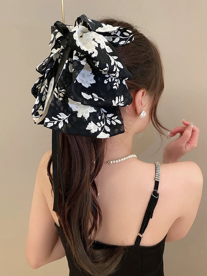 Retro Printed Bow Clip Women's High-Level Elegant Ribbon Hairpin Back of Head 2023 New Korean Style Hair Accessories