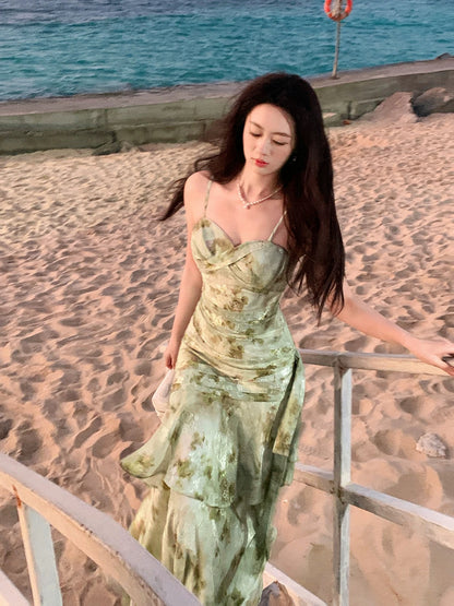 Good Job! 【Spring Branches in Full Bloom】French Floral Print Sundress for Women, Spring/Summer Ruffled Fishtail Resort Dress