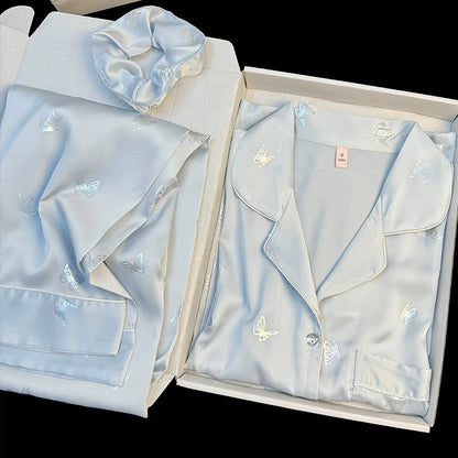Pajamas for women, new style, ice silk long sleeves and trousers, can be worn outside in spring and autumn, high-grade silver butterfly print home clothes suit