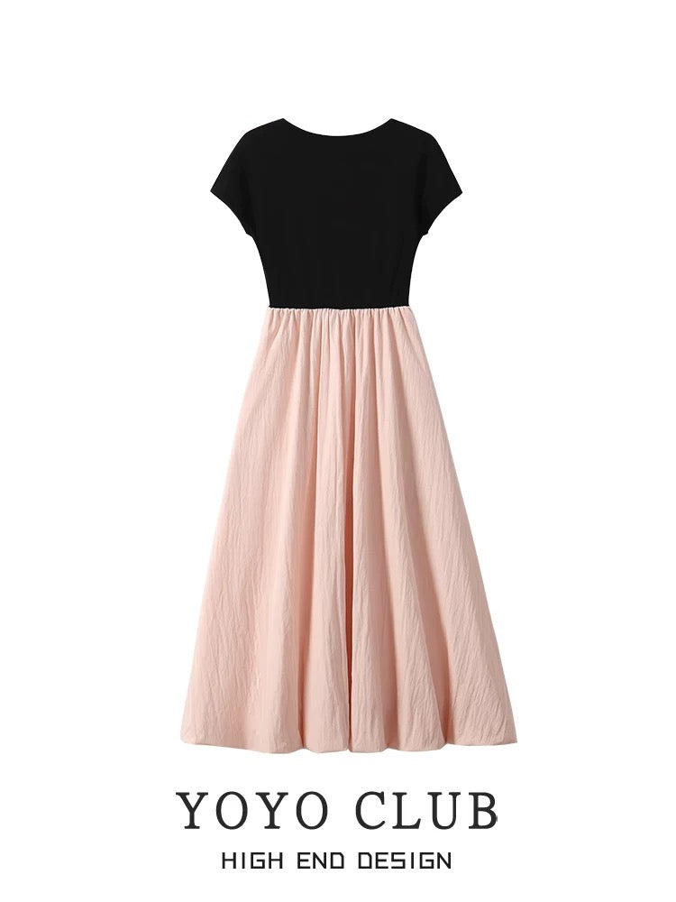 YOYO CLUB contrasting color splicing knitted short-sleeved dress summer new style slimming temperament gentle wind mid-length skirt