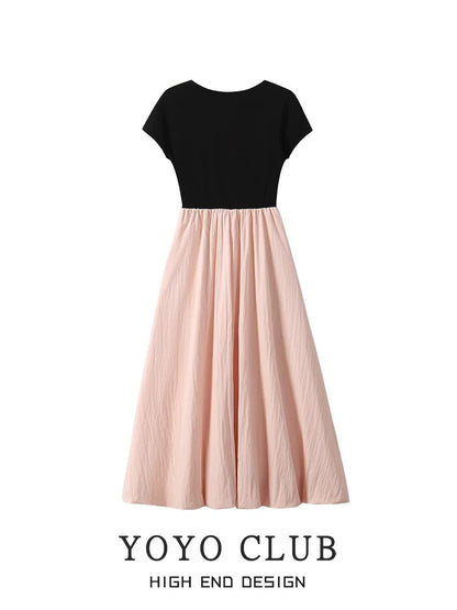 YOYO CLUB contrasting color splicing knitted short-sleeved dress summer new style slimming temperament gentle wind mid-length skirt
