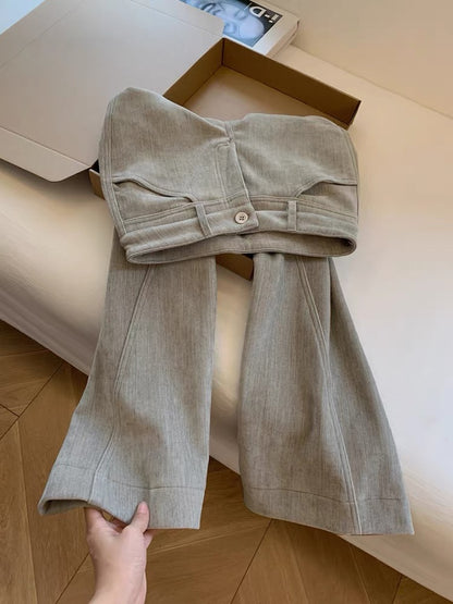 Grey fleece-lined thickened cargo casual pants, curved wide-leg pants for petite women, autumn and winter pants, loose boyfriend style, lazy look.