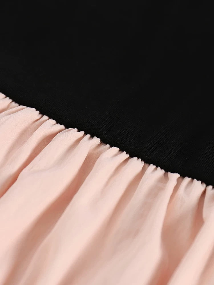 YOYO CLUB contrasting color splicing knitted short-sleeved dress summer new style slimming temperament gentle wind mid-length skirt