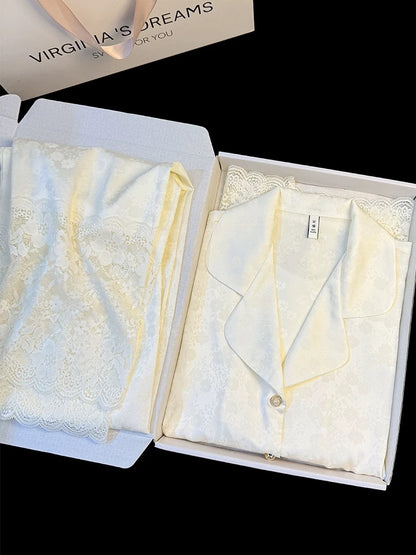 Qianjinfeng lace splicing high-grade ice silk pajamas for women sweet short-sleeved trousers Chinese jacquard home clothes suit