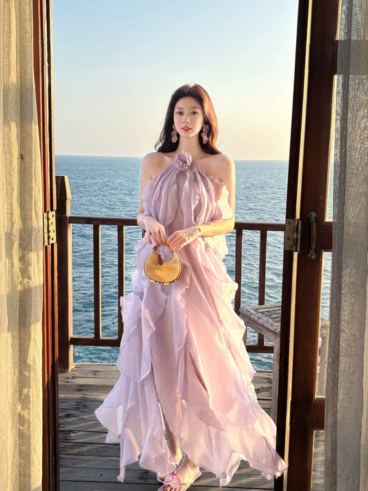 Good Job【Azure Glow】French Style Beach Vacation Sundress for Women, Summer Off-Shoulder Ruffled Long Skirt