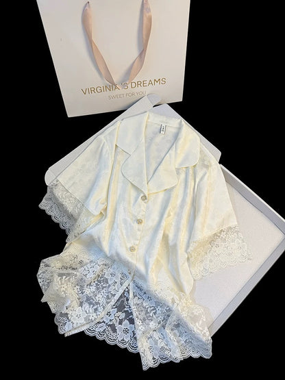 Qianjinfeng lace splicing high-grade ice silk pajamas for women sweet short-sleeved trousers Chinese jacquard home clothes suit