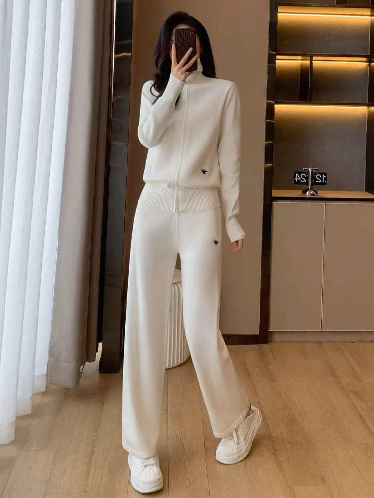 Knitted casual fashion sports age-reducing turtleneck sweater wide-leg pants two-piece suit for women spring and autumn 2024 new style foreign style