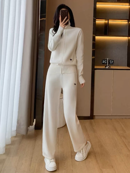 Knitted casual fashion sports age-reducing turtleneck sweater wide-leg pants two-piece suit for women spring and autumn 2024 new style foreign style