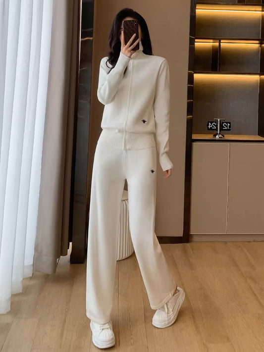 Knitted casual fashion sports age-reducing turtleneck sweater wide-leg pants two-piece suit for women spring and autumn 2024 new style foreign style