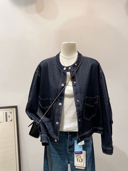 Cool and cool~2025 autumn new loose casual versatile slim retro style round neck double button denim jacket