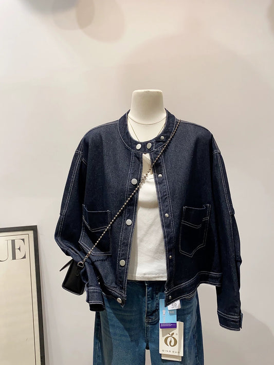 Cool and cool~2025 autumn new loose casual versatile slim retro style round neck double button denim jacket