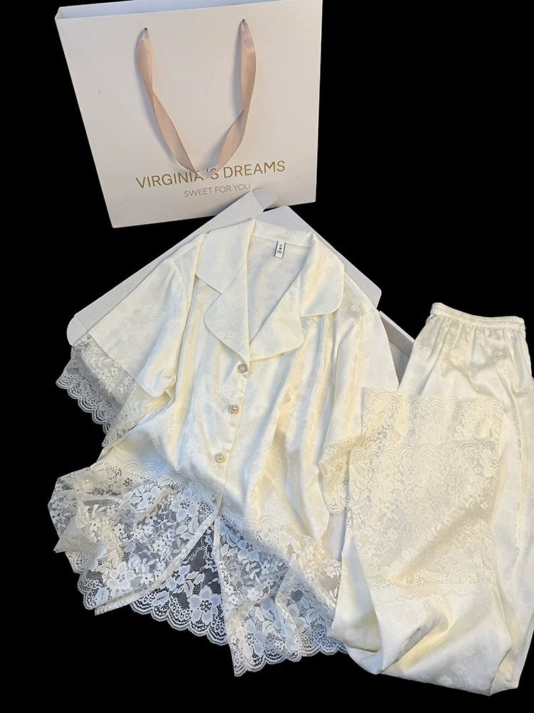 Qianjinfeng lace splicing high-grade ice silk pajamas for women sweet short-sleeved trousers Chinese jacquard home clothes suit