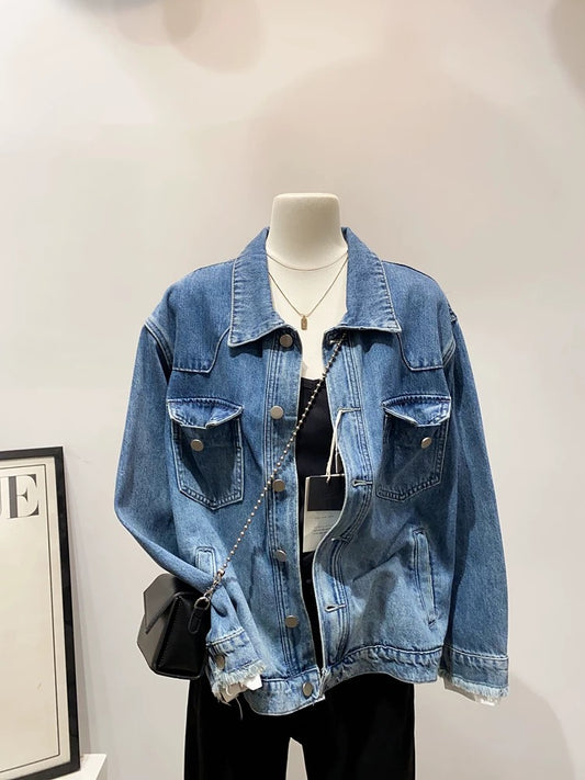 Great quality! New washed workwear lapel denim jacket for women, Korean style, casual loose tops for autumn