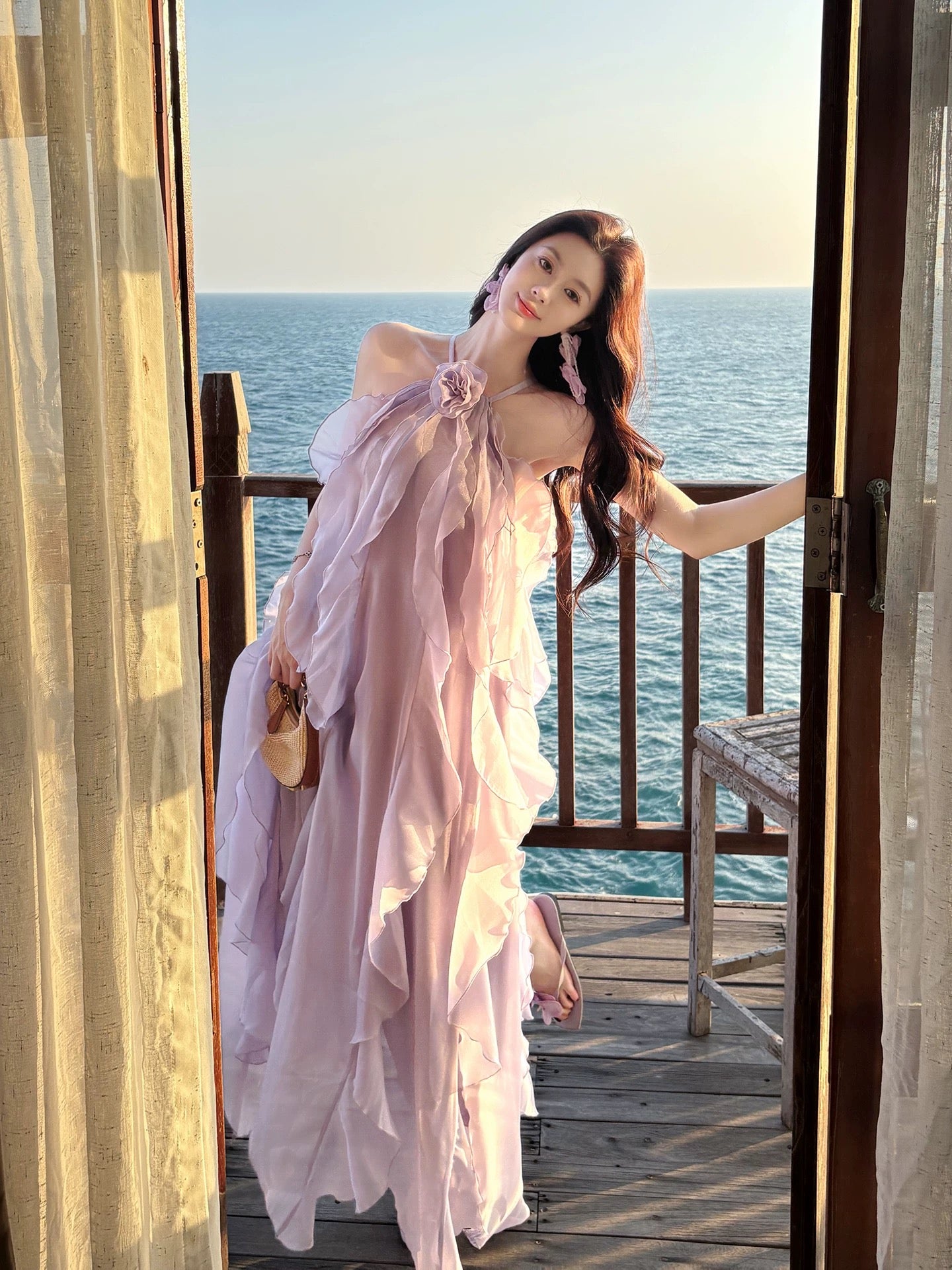 Good Job【Azure Glow】French Style Beach Vacation Sundress for Women, Summer Off-Shoulder Ruffled Long Skirt