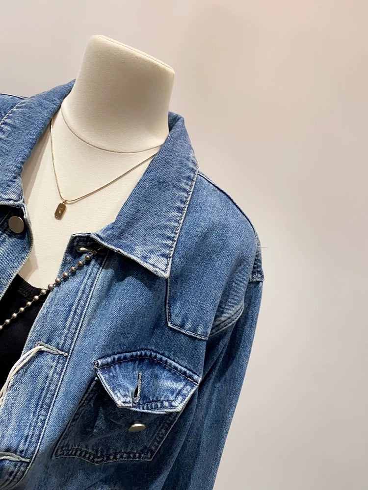 Great quality! New washed workwear lapel denim jacket for women, Korean style, casual loose tops for autumn