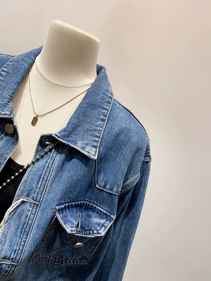 Great quality! New washed workwear lapel denim jacket for women, Korean style, casual loose tops for autumn