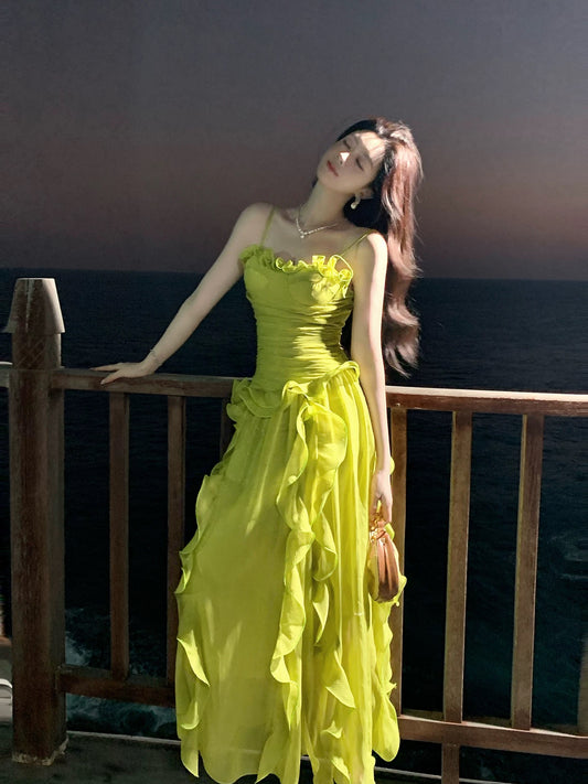 Good Job! 【Oak Galaxy】French Green Spaghetti Strap Pleated Dress for Women, Summer Mesh Ruffled Long Skirt