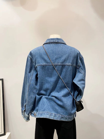 Great quality! New washed workwear lapel denim jacket for women, Korean style, casual loose tops for autumn