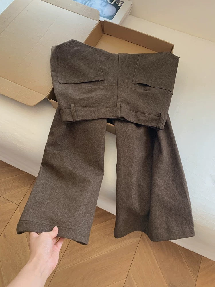 Brown cropped casual workwear wide-leg trousers, loose fit, boyfriend style, relaxed feel, slimming effect, women's wutong trousers