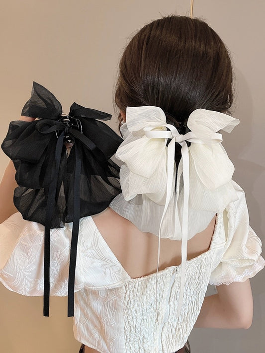French gentle temperament bow ribbon grab clip showing face small back head hair clip shark clip hair accessories clip
