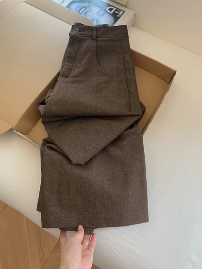 Brown cropped casual workwear wide-leg trousers, loose fit, boyfriend style, relaxed feel, slimming effect, women's wutong trousers
