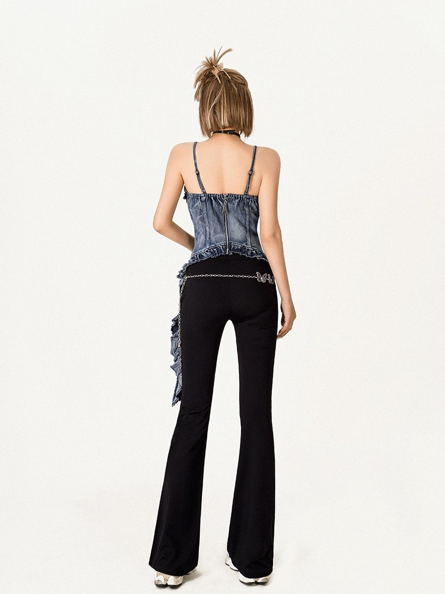 Cool Milky Moli American Retro Hot Girl Pure and Desirable Black Laser Butterfly Denim Lace Vest