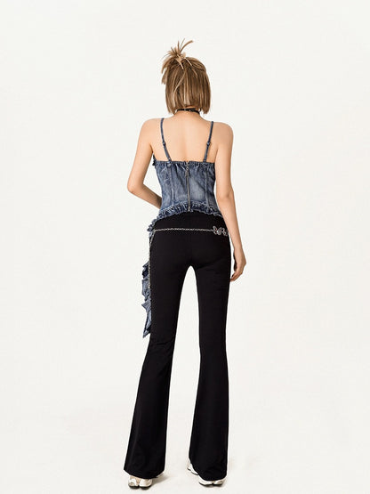 Cool Milky Moli American Retro Hot Girl Pure and Desirable Black Laser Butterfly Denim Lace Vest
