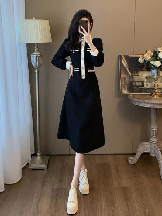 Black fragrant style super nice dress for women in spring and autumn, slim and elegant, with coat and velvet skirt