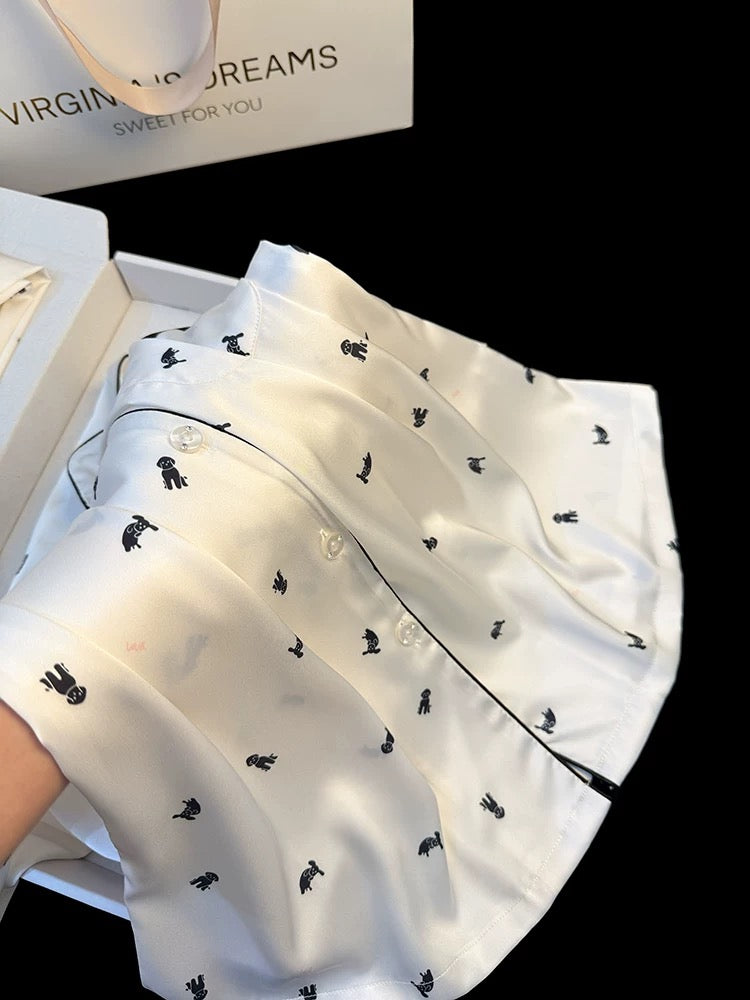Spring and summer new arrival long sleeves and trousers thin ice silk pajamas for women cute style puppy print high-end home clothes suit