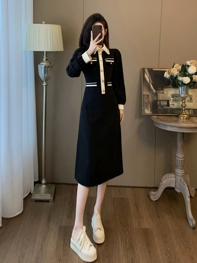 Black fragrant style super nice dress for women in spring and autumn, slim and elegant, with coat and velvet skirt