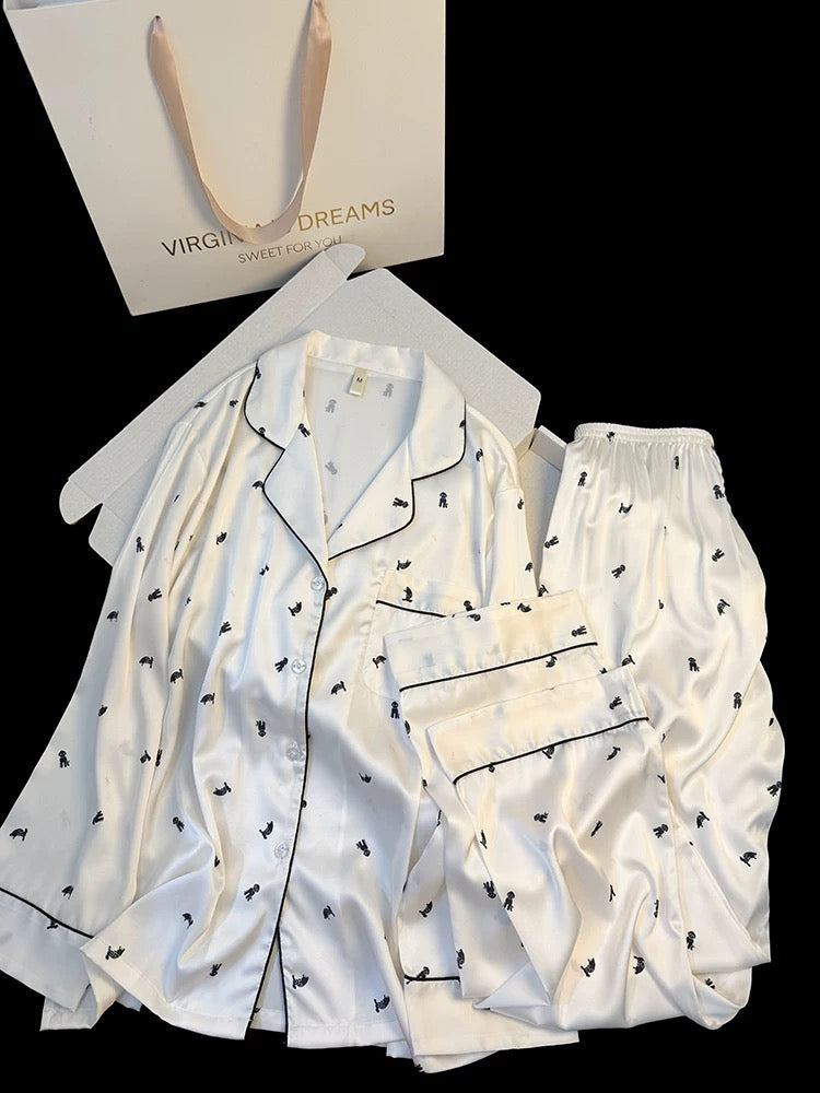 Spring and summer new arrival long sleeves and trousers thin ice silk pajamas for women cute style puppy print high-end home clothes suit