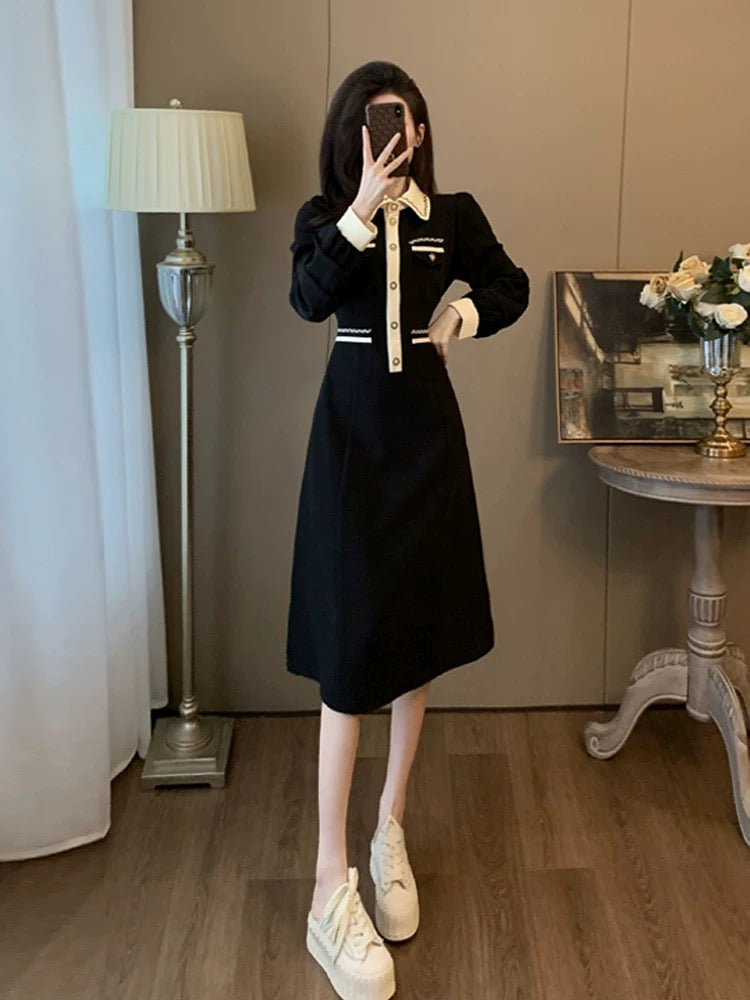 Black fragrant style super nice dress for women in spring and autumn, slim and elegant, with coat and velvet skirt