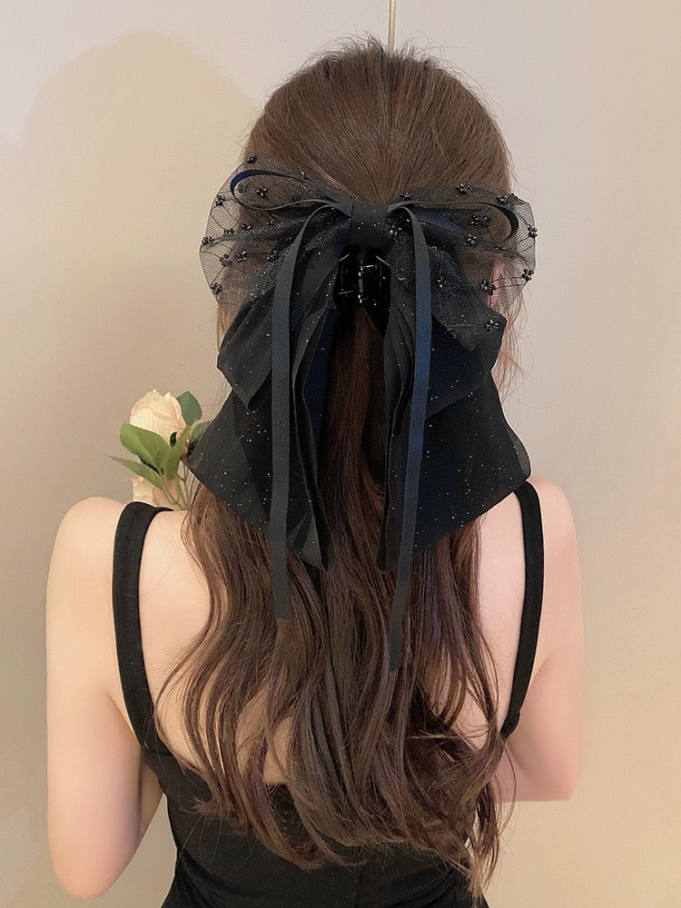 Xiaoxiangfeng mesh streamer bow hairpin French simple and exquisite ballet style ponytail clip temperament advanced grabber