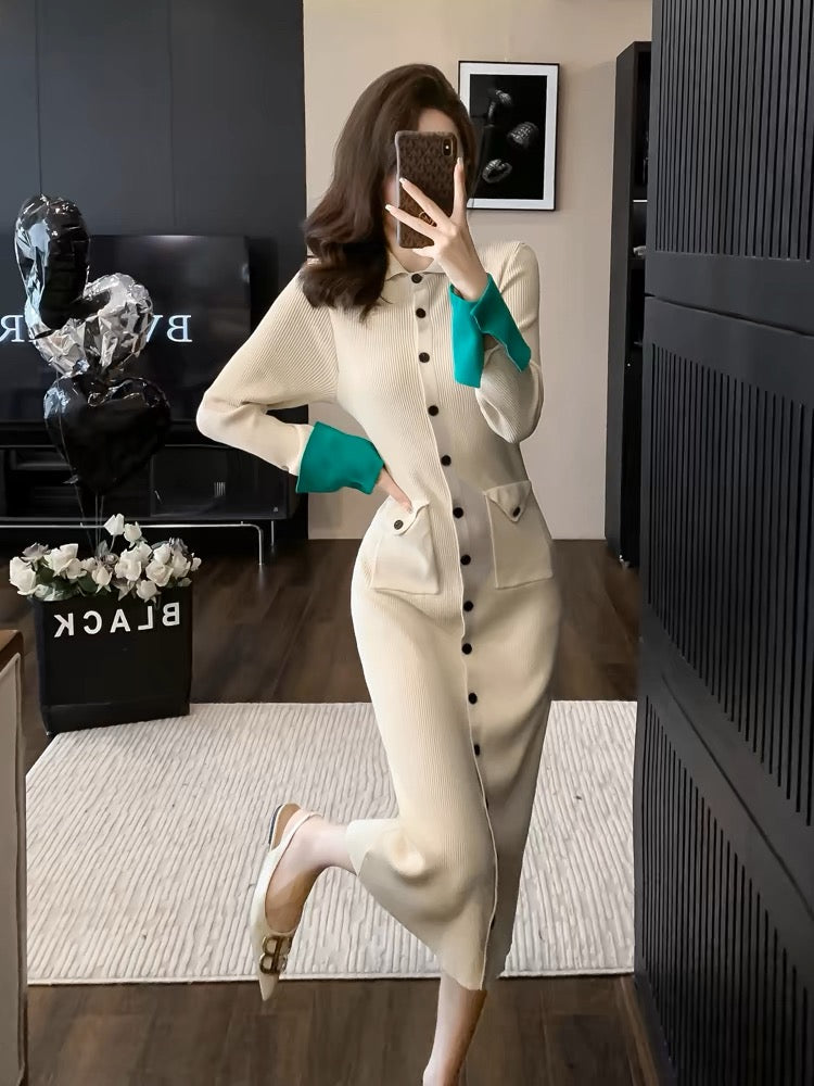 High-end and super good-looking knitted dress for women in autumn and winter, slim and temperament, French style inner layer, long sweater skirt
