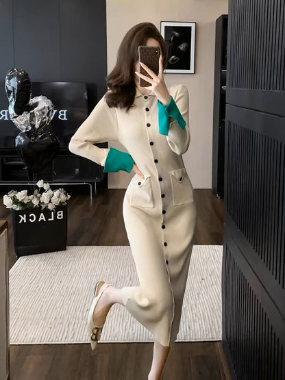 High-end and super good-looking knitted dress for women in autumn and winter, slim and temperament, French style inner layer, long sweater skirt