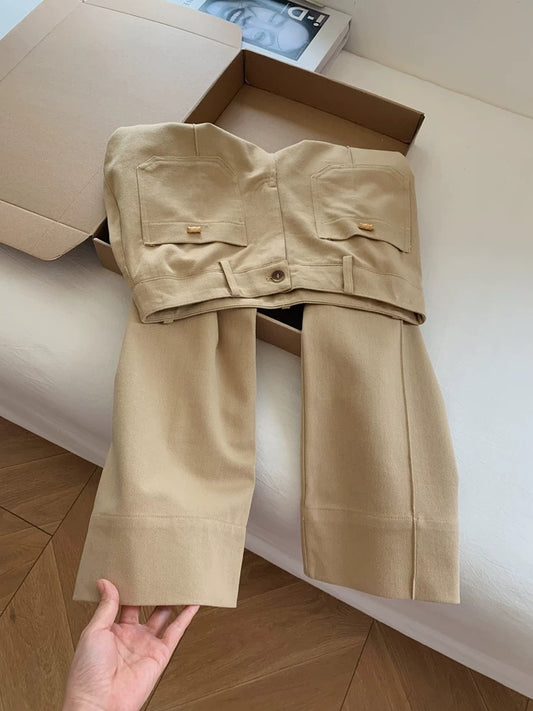 Khaki casual wide-leg suit pants, loose boyfriend style, relaxed feel, women's cropped pants, Korean style