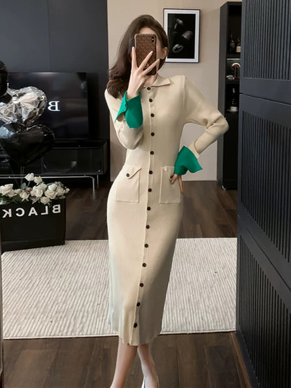 High-end and super good-looking knitted dress for women in autumn and winter, slim and temperament, French style inner layer, long sweater skirt
