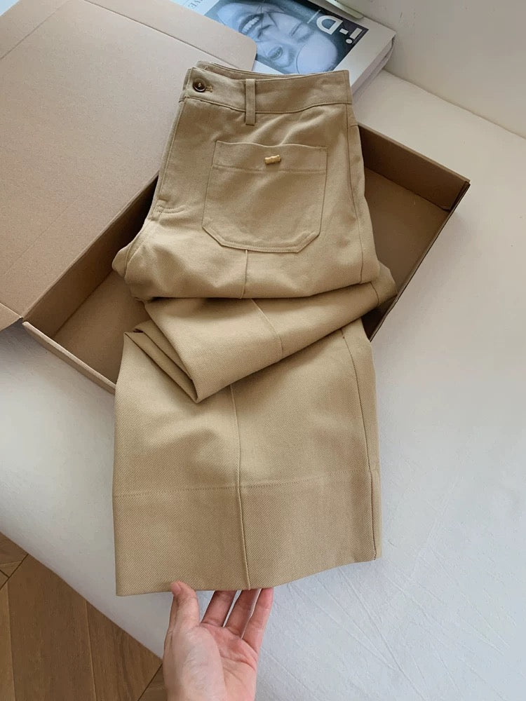 Khaki casual wide-leg suit pants, loose boyfriend style, relaxed feel, women's cropped pants, Korean style