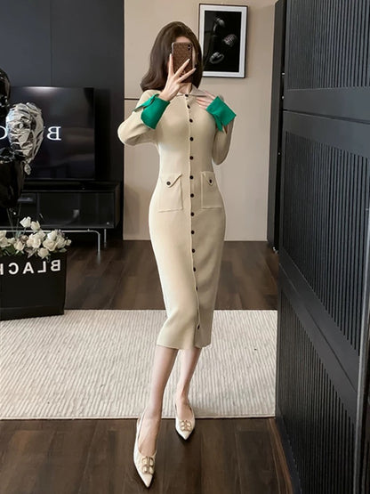 High-end and super good-looking knitted dress for women in autumn and winter, slim and temperament, French style inner layer, long sweater skirt