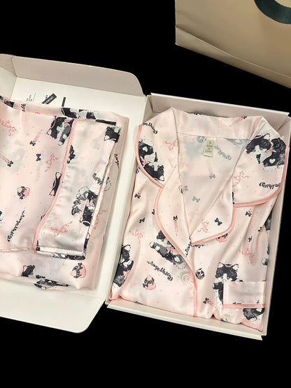 2025 New Style Cartoon Cat Printed Ice Silk Pajamas Women Spring and Summer Long Sleeve Cute High-end Home Clothes Set