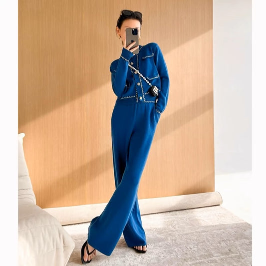 Xiaoxiangfeng knitted casual fashion sports suit for women, autumn clothing, age-reducing temperament, socialite wide-leg pants two-piece set, western style