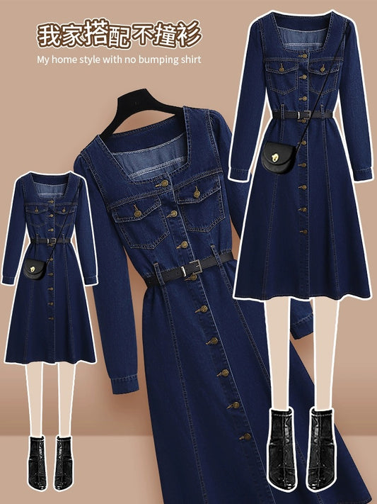 Square collar denim dress for women spring and autumn 2024 new early spring high-end temperament waist slimming long dress
