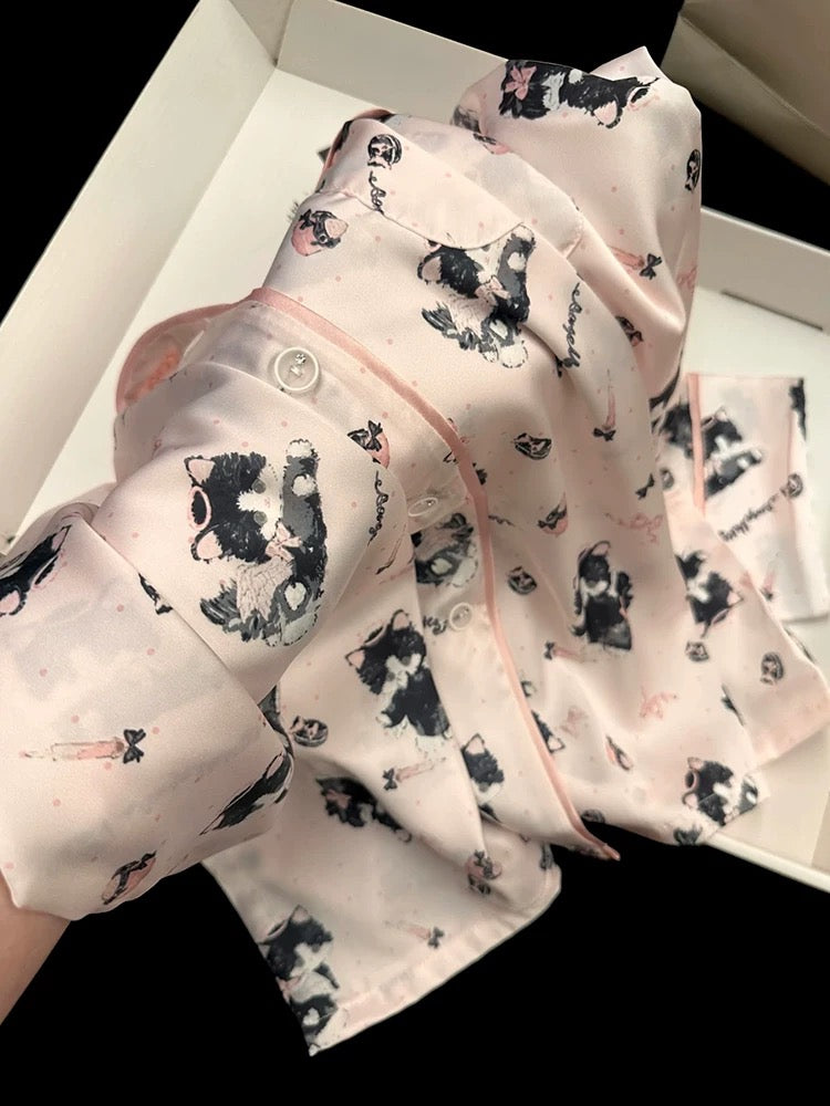 2025 New Style Cartoon Cat Printed Ice Silk Pajamas Women Spring and Summer Long Sleeve Cute High-end Home Clothes Set