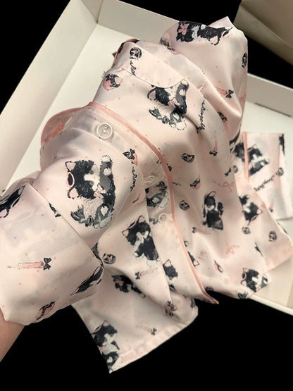 2025 New Style Cartoon Cat Printed Ice Silk Pajamas Women Spring and Summer Long Sleeve Cute High-end Home Clothes Set