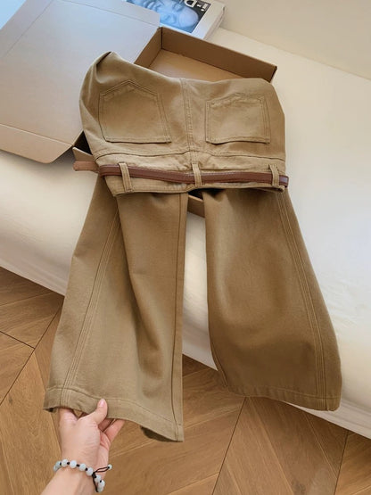 Khaki casual wide-leg cargo pants with belt, loose fit, boyfriend style, relaxed feel, tall and extra long.