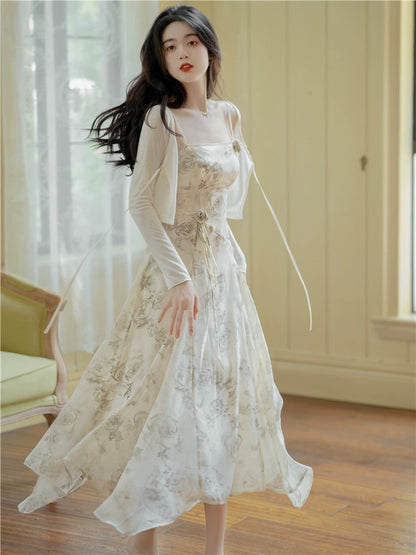 French retro romantic niche high-end sense beautiful gentle slim fairy super fairy temperament forest suspender dress