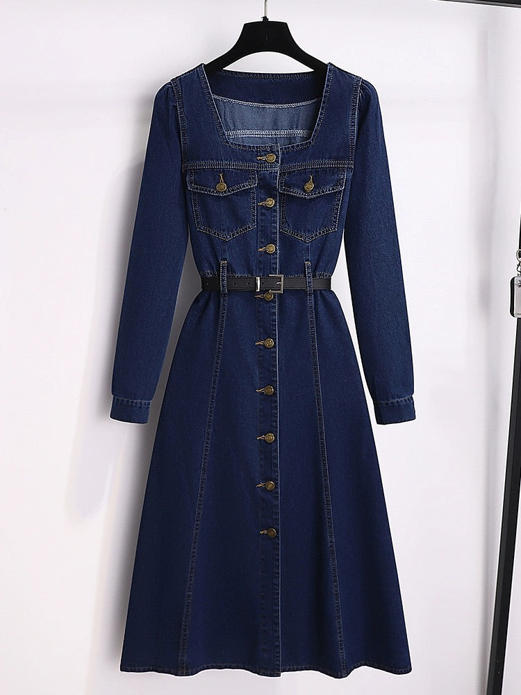 Square collar denim dress for women spring and autumn 2024 new early spring high-end temperament waist slimming long dress