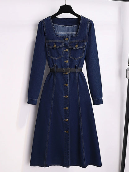 Square collar denim dress for women spring and autumn 2024 new early spring high-end temperament waist slimming long dress