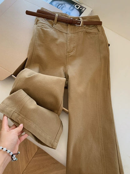 Khaki casual wide-leg cargo pants with belt, loose fit, boyfriend style, relaxed feel, tall and extra long.