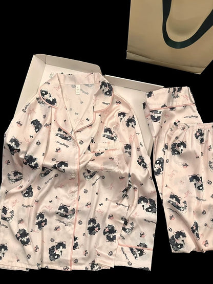 2025 New Style Cartoon Cat Printed Ice Silk Pajamas Women Spring and Summer Long Sleeve Cute High-end Home Clothes Set